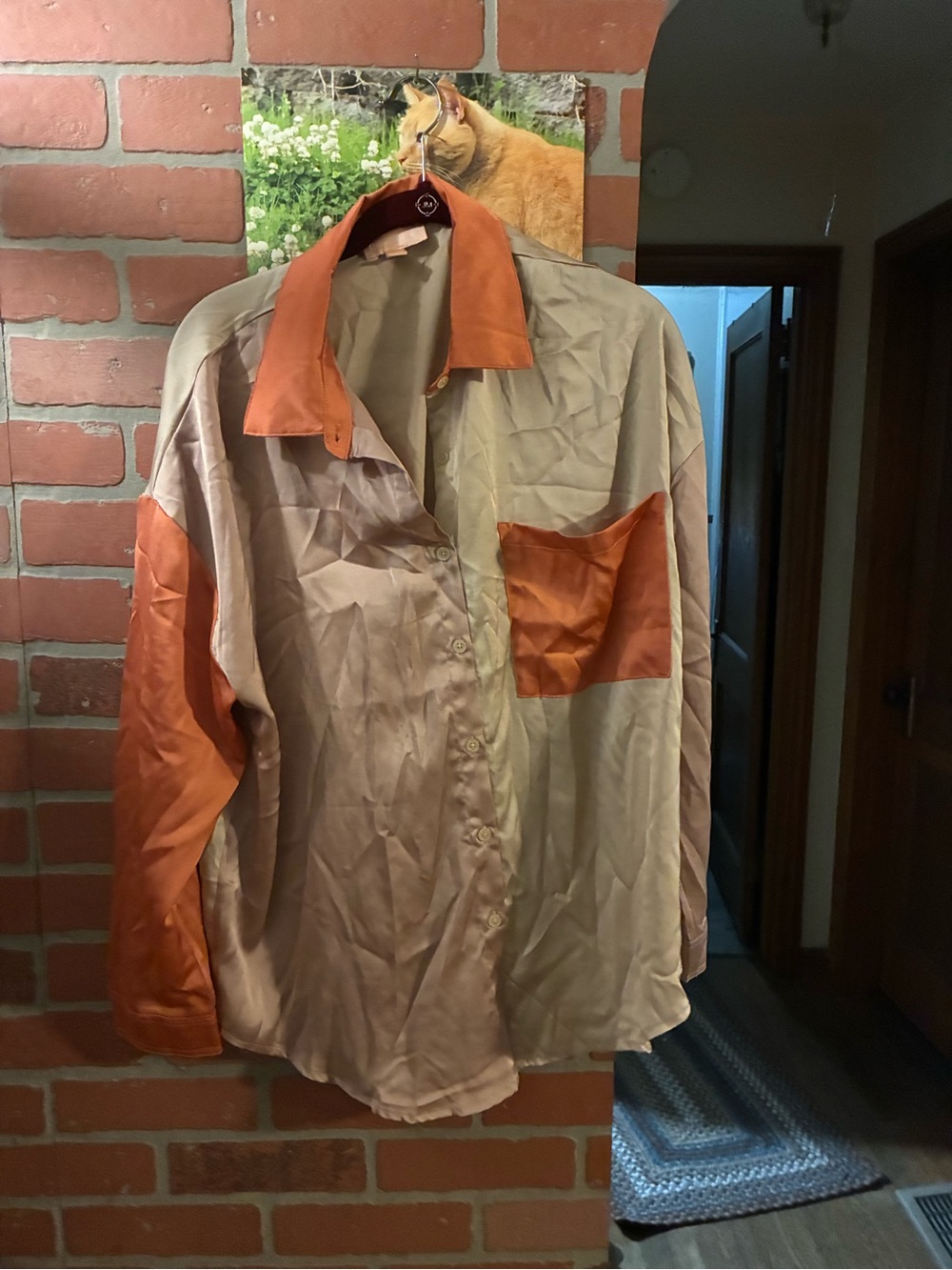 Two-Tone Satin Button-Down Shirt in Beige and Burnt Orange